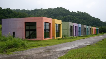 Colorful concrete buildings in a grassy area.