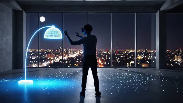Man interacts with holographic virtual interface displaying data visualizations in luxury penthouse with panoramic city skyline. Futuristic technology, augmented reality, smart automation, and digital - Powered by Adobe