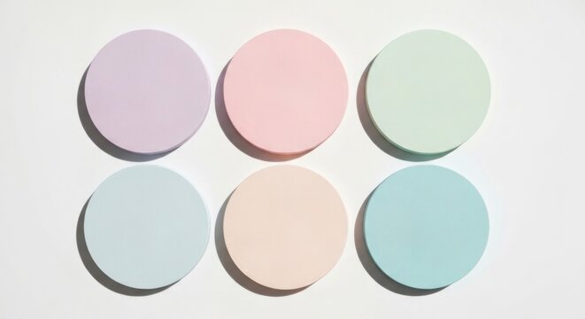 Six pastel circles, arranged in a 2x3 grid, on a white background with soft shadows