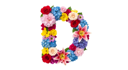 Colorful Floral Letter D on Transparent Background with Bright Pink Lilies and Roses