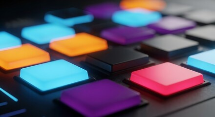 Close-up of illuminated square buttons on a music production controller glowing
