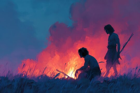 Two men by fire in tall grass at dusk, artistic illustration, low angle, primal, survival, mysterious, red and blue color palette