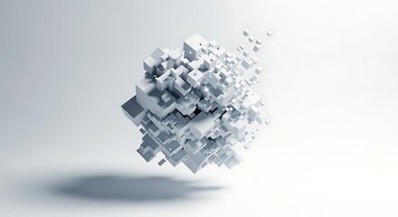 Exploding Cluster of White Cubes and Smaller Cubes on a White Background abstract