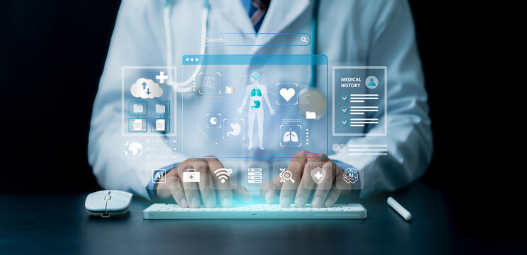 Medical Health Cloud data Concept. A doctor analyzing with a tablet and laptop, accessing medical cloud data via holographic interfaces displaying patient information, AI and medical technology.