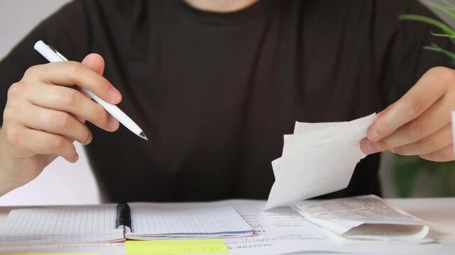 A person's hands at a home desk manage financial records by selecting a receipt from a stack while working with an open notebook and pen.