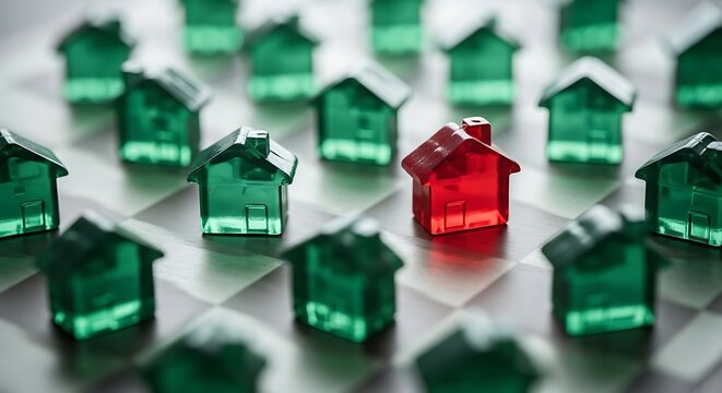 Red House Miniature Standing Out Among Green House Miniatures on a Chessboard contrast