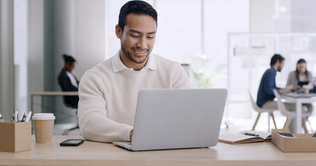 Fototapeta premium Laptop, typing and businessman in office with research for finance project with company budget. Technology, professional and male financial advisor with email for investment proposal in workplace.
