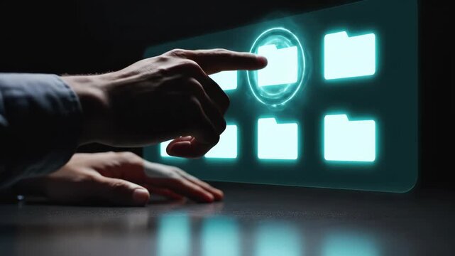 Business professional interacting with glowing cyan folder icons on digital touchscreen interface. File management, document organization, cloud storage, database navigation, and data access system
