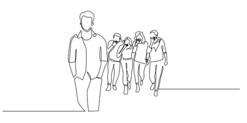Continuous line drawing of a person walking alone in front while a group of people behind seem to mock or laugh at him.one line artwork representing bullying, exclusion, or social isolation.