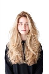 Naklejka premium Young Woman with Long Blonde Hair in Studio Against White Background