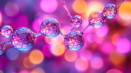 Sparkling, connected crystal spheres against a bright, colorful bokeh background