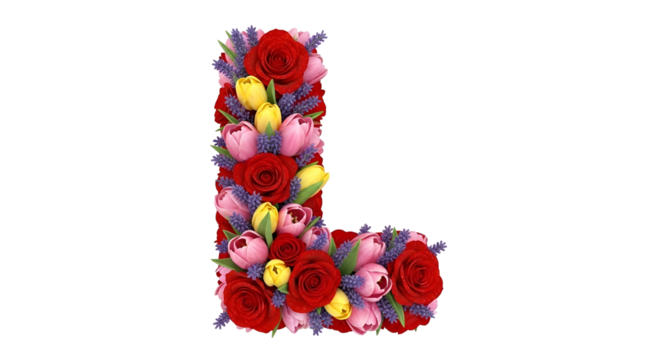Beautiful Floral Letter L Made with Red Roses Pink Tulips Yellow Flowers and Purple Lavender on Transparent Background