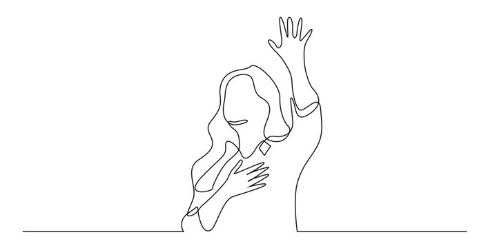 Continuous line drawing of a Christian woman praying with her hands raised.
Woman praying earnestly to God. Single line vector illustration.