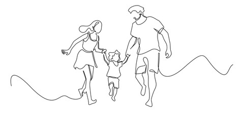 Continuous line drawing of a happy family holding hands and walking together, symbolizing love, unity, and joy.One line drawing of parents and child spending time together