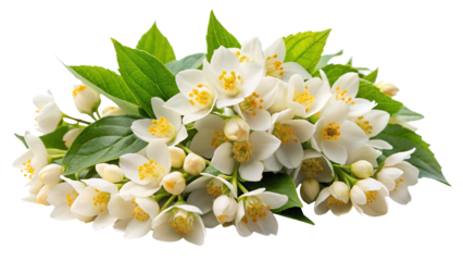 Fragrant and delicate white jasmine flowers with vibrant green leaves clustered together, showcasing their fresh blossoms and sweet aroma, isolated against a pristine background, symbolizing purity, p