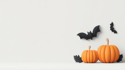 Festive Halloween Decorations with Pumpkins and Bats on White Wall