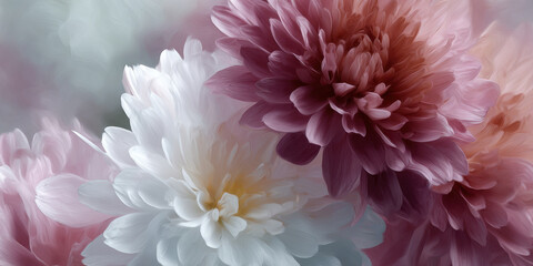 Obraz premium Soft floral macro, pastel chrysanthemum, delicate petals, dreamy bokeh, gentle bloom