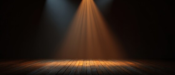 Stage spotlight shines on wooden floorboards in dark room, studio shot, dramatic lighting, performance space, concert venue, interior design