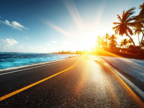 Coastal road at sunrise with palm trees and ocean view driving into the sun low angle perspective tropical paradise vacation destination - Powered by Adobe