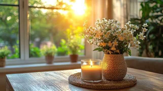 Sunlit interior table with flowers, candle, window view of greenery