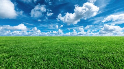 Fototapeta premium Vibrant Green Grass Field Under Bright Blue Sky with White Clouds