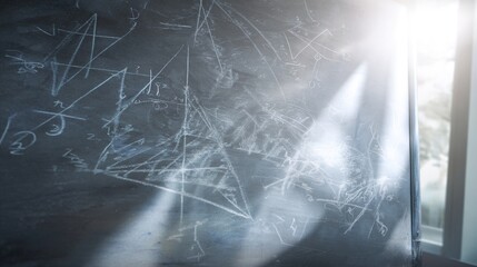 scholarly. Academic surface covered in chalk markings, creating an abstract educational atmosphere with blurred formulas. STEM education sheets.