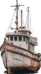Naklejka premium Weathered Fishing Boat Close-Up Isolated on White, Rustic Aesthetic, Nautical Theme, Vintage Vessel, Front Angle, High Detail