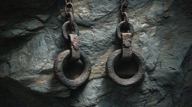 shackles. Ancient iron shackles locked on a stone wall with a hanging chain. event programs, museum guides, designed for cultural heritage projects and event programs, supports education.
