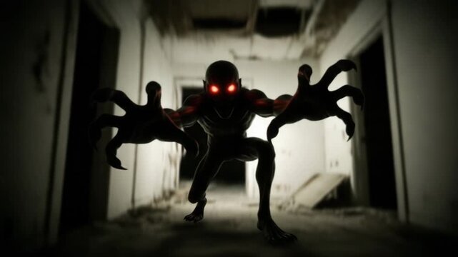 Horror in the Hallway: A demonic creature with glowing red eyes and long, clawed hands moves through an abandoned, dark corridor. Horror atmosphere.