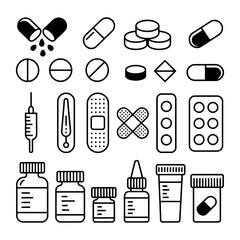 Collection of medical supplies and pharmaceutical icons for health and wellness design vector