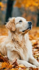 Golden Retriever Portrait in Autumn Leaves Outdoor Park Setting Close Up Vertical Shot