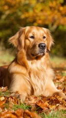 Obraz premium Golden Retriever Portrait in Autumn Leaves Serene Outdoor Scene Close Up Candid Shot Loyal Companion Pet Photography