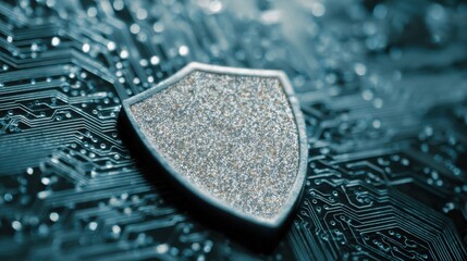 Cyber Security Shield Protecting Circuit Board Close Up Abstract Concept of Data Protection and Digital Safety