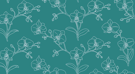 Seamless pattern of white orchid flowers and stems on a teal background, creating a delicate and repeating floral design.
