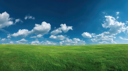 Lush Green Field Under Bright Blue Sky with White Clouds