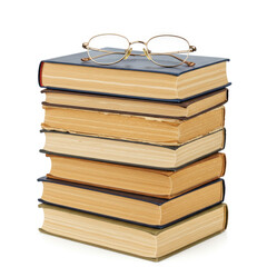 A stack of books with blue covers and tan pages with eyeglasses resting on top book