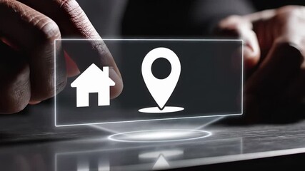 Hand interacts with digital interface displaying house and location pin marker on transparent holographic screen. Real estate property search, geolocation services, address navigation, and smart home - Powered by Adobe