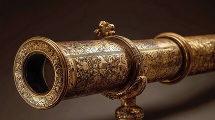 markings. Antique brass telescope pointed at starry sky, engraved markings on vintage scientific instrument. STEM education sheets.