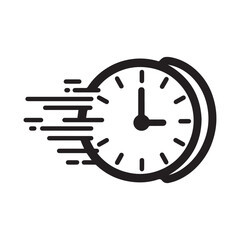 Minimalist Black Line Clock Icon with Motion Lines Symbolizing Speed and Quick Service.