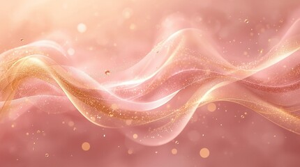 Soft luminous waves of golden light on a pastel pink background, abstract motion flow design with delicate sparkle particles and elegant airy composition
