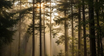 Sunlight filtering through tall evergreen trees in a dense forest creating a magical and serene atmosphere of natural beauty and tranquility