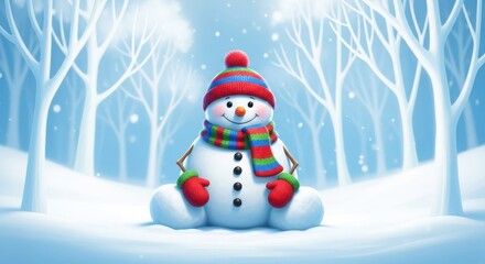 Fototapeta premium Charming snowman wearing a colorful hat and scarf sitting in a snowy winter forest