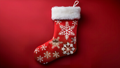 A top-view photograph of a single Christmas stocking laid flat, with a snowflake pattern, on red background with copy space.