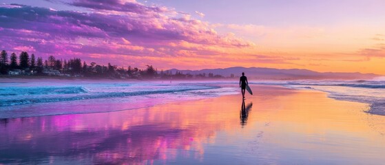 Surfer Walking on Beach at Sunset Eye Level Shot Landscape Reflection of Clouds in Water Gold Coast Australia