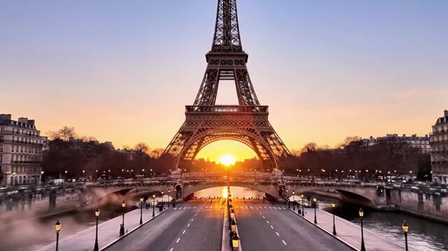 Eiffel Tower at sunrise with empty streets