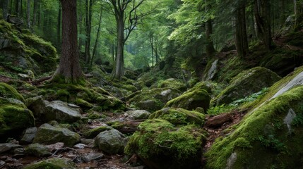 Mossy Rocks and Lush Greenery in a Tranquil Forest Landscape View from Low Angle Nature Photography