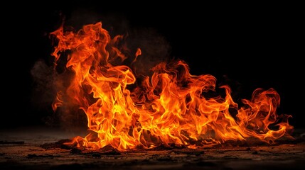 ferocity. Dramatic flames with intense orange and yellow hues isolated against a dark atmospheric background. STEM education sheets, lab safety posters, designed for biotech research communications.