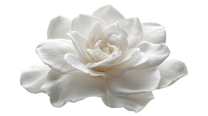Pristine white gardenia flower in full bloom, symbol of purity and grace, surrounded by lush green glossy leaves isolated on white background 