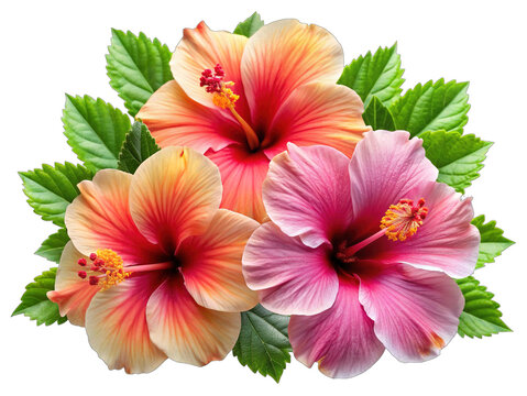 Vibrant hibiscus flowers bouquet with lush green leaves, showcasing tropical beauty and colorful botanical arrangements perfect for summer themes, holidays, and natural designs on a clean, bright back