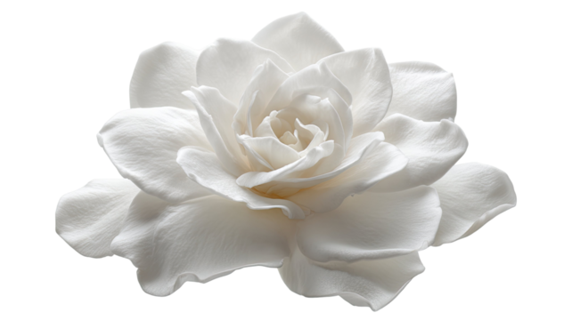Pristine white gardenia flower in full bloom, symbol of purity and grace, surrounded by lush green glossy leaves isolated on white background 